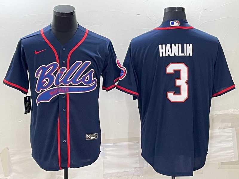 Mens Buffalo Bills #3 Damar Hamlin Navy Blue With Patch Cool Base Stitched Baseball Jersey->buffalo bills->NFL Jersey